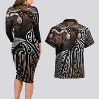 Aotearoa Maori - Australia Indigenous Couples Matching Long Sleeve Bodycon Dress and Hawaiian Shirt Koiri Whakairo Mix Aboriginal Art LT7 - Polynesian Pride