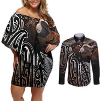 Aotearoa Maori - Australia Indigenous Couples Matching Off Shoulder Short Dress and Long Sleeve Button Shirt Koiri Whakairo Mix Aboriginal Art LT7 Brown - Polynesian Pride