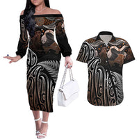 Aotearoa Maori - Australia Indigenous Couples Matching Off The Shoulder Long Sleeve Dress and Hawaiian Shirt Koiri Whakairo Mix Aboriginal Art LT7 Brown - Polynesian Pride