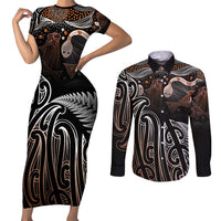 Aotearoa Maori - Australia Indigenous Couples Matching Short Sleeve Bodycon Dress and Long Sleeve Button Shirt Koiri Whakairo Mix Aboriginal Art LT7 Brown - Polynesian Pride