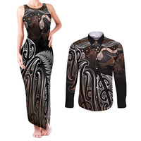 Aotearoa Maori - Australia Indigenous Couples Matching Tank Maxi Dress and Long Sleeve Button Shirt Koiri Whakairo Mix Aboriginal Art LT7 Brown - Polynesian Pride