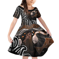 Aotearoa Maori - Australia Indigenous Family Matching Off Shoulder Short Dress and Hawaiian Shirt Koiri Whakairo Mix Aboriginal Art LT7 Daughter's Dress Brown - Polynesian Pride