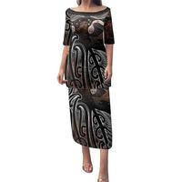 Aotearoa Maori - Australia Indigenous Family Matching Puletasi and Hawaiian Shirt Koiri Whakairo Mix Aboriginal Art LT7 Mom's Dress Brown - Polynesian Pride