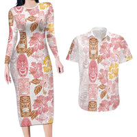 Christmas Aloha Hawaii Tiki Couples Matching Long Sleeve Bodycon Dress and Hawaiian Shirt Hibiscus Spring Colors LT7 Pink - Polynesian Pride