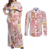 Christmas Aloha Hawaii Tiki Couples Matching Off Shoulder Maxi Dress and Long Sleeve Button Shirt Hibiscus Spring Colors LT7 Pink - Polynesian Pride