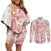Christmas Aloha Hawaii Tiki Couples Matching Off Shoulder Short Dress and Long Sleeve Button Shirt Hibiscus Spring Colors LT7 Pink - Polynesian Pride