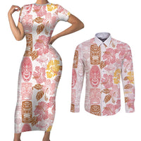 Christmas Aloha Hawaii Tiki Couples Matching Short Sleeve Bodycon Dress and Long Sleeve Button Shirt Hibiscus Spring Colors LT7 Pink - Polynesian Pride