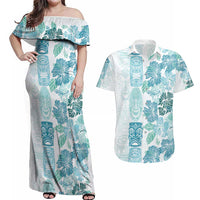 Christmas Aloha Hawaii Tiki Couples Matching Off Shoulder Maxi Dress and Hawaiian Shirt Hibiscus Summer Colors LT7 Turquoise - Polynesian Pride
