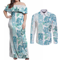 Christmas Aloha Hawaii Tiki Couples Matching Off Shoulder Maxi Dress and Long Sleeve Button Shirt Hibiscus Summer Colors LT7 Turquoise - Polynesian Pride
