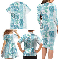 Christmas Aloha Hawaii Tiki Family Matching Long Sleeve Bodycon Dress and Hawaiian Shirt Hibiscus Summer Colors LT7 - Polynesian Pride