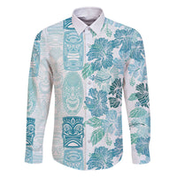Christmas Aloha Hawaii Tiki Family Matching Off The Shoulder Long Sleeve Dress and Hawaiian Shirt Hibiscus Summer Colors LT7 Dad's Shirt - Long Sleeve Turquoise - Polynesian Pride