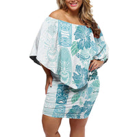 Christmas Aloha Hawaii Tiki Family Matching Off Shoulder Short Dress and Hawaiian Shirt Hibiscus Summer Colors LT7 Mom's Dress Turquoise - Polynesian Pride