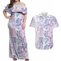 Christmas Aloha Hawaii Tiki Couples Matching Off Shoulder Maxi Dress and Hawaiian Shirt Hibiscus Winter Colors LT7 Lavender - Polynesian Pride