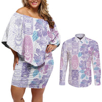 Christmas Aloha Hawaii Tiki Couples Matching Off Shoulder Short Dress and Long Sleeve Button Shirt Hibiscus Winter Colors LT7 Lavender - Polynesian Pride