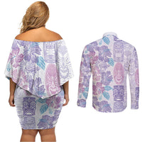 Christmas Aloha Hawaii Tiki Couples Matching Off Shoulder Short Dress and Long Sleeve Button Shirt Hibiscus Winter Colors LT7 - Polynesian Pride