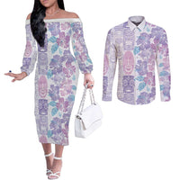 Christmas Aloha Hawaii Tiki Couples Matching Off The Shoulder Long Sleeve Dress and Long Sleeve Button Shirt Hibiscus Winter Colors LT7 Lavender - Polynesian Pride