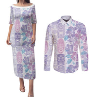 Christmas Aloha Hawaii Tiki Couples Matching Puletasi and Long Sleeve Button Shirt Hibiscus Winter Colors LT7 Lavender - Polynesian Pride