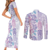 Christmas Aloha Hawaii Tiki Couples Matching Short Sleeve Bodycon Dress and Long Sleeve Button Shirt Hibiscus Winter Colors LT7 - Polynesian Pride