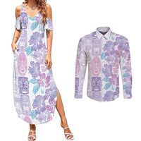 Christmas Aloha Hawaii Tiki Couples Matching Summer Maxi Dress and Long Sleeve Button Shirt Hibiscus Winter Colors LT7 Lavender - Polynesian Pride