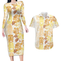 Christmas Aloha Hawaii Tiki Couples Matching Long Sleeve Bodycon Dress and Hawaiian Shirt Hibiscus Autumn Colors LT7 Yellow - Polynesian Pride