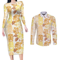 Christmas Aloha Hawaii Tiki Couples Matching Long Sleeve Bodycon Dress and Long Sleeve Button Shirt Hibiscus Autumn Colors LT7 Yellow - Polynesian Pride