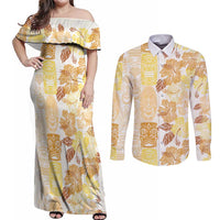 Christmas Aloha Hawaii Tiki Couples Matching Off Shoulder Maxi Dress and Long Sleeve Button Shirt Hibiscus Autumn Colors LT7 Yellow - Polynesian Pride