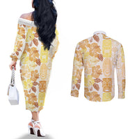 Christmas Aloha Hawaii Tiki Couples Matching Off The Shoulder Long Sleeve Dress and Long Sleeve Button Shirt Hibiscus Autumn Colors LT7 - Polynesian Pride