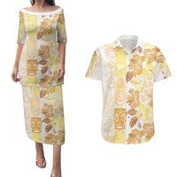 Christmas Aloha Hawaii Tiki Couples Matching Puletasi and Hawaiian Shirt Hibiscus Autumn Colors LT7 Yellow - Polynesian Pride