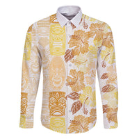 Christmas Aloha Hawaii Tiki Family Matching Off The Shoulder Long Sleeve Dress and Hawaiian Shirt Hibiscus Autumn Colors LT7 Dad's Shirt - Long Sleeve Yellow - Polynesian Pride