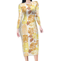 Christmas Aloha Hawaii Tiki Long Sleeve Bodycon Dress Hibiscus Autumn Colors LT7 Long Dress Yellow - Polynesian Pride