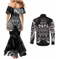 New Zealand Rugby Couples Matching Mermaid Dress and Long Sleeve Button Shirt 2023 World Cup Aotearoa Haka Face LT7 - Polynesian Pride