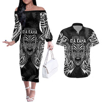 New Zealand Rugby Couples Matching Off The Shoulder Long Sleeve Dress and Hawaiian Shirt 2023 World Cup Aotearoa Haka Face LT7 Black - Polynesian Pride