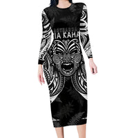 New Zealand Rugby Family Matching Long Sleeve Bodycon Dress and Hawaiian Shirt 2023 World Cup Aotearoa Haka Face LT7 Mom's Dress Black - Polynesian Pride