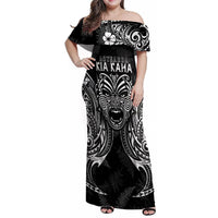 New Zealand Rugby Family Matching Off Shoulder Maxi Dress and Hawaiian Shirt 2023 World Cup Aotearoa Haka Face LT7 Mom's Dress Black - Polynesian Pride