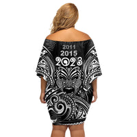 New Zealand Rugby Family Matching Off Shoulder Short Dress and Hawaiian Shirt 2023 World Cup Aotearoa Haka Face LT7 - Polynesian Pride