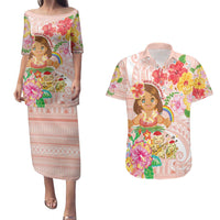 Aloha Hawaii Couples Matching Puletasi and Hawaiian Shirt Kawaii Mele Kalikimaka - Pastel Fever LT7 Peach - Polynesian Pride