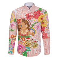 Aloha Hawaii Family Matching Off The Shoulder Long Sleeve Dress and Hawaiian Shirt Kawaii Mele Kalikimaka - Pastel Fever LT7 Dad's Shirt - Long Sleeve Peach - Polynesian Pride