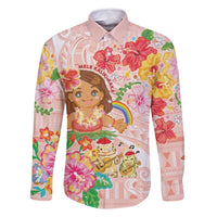 Aloha Hawaii Family Matching Off Shoulder Maxi Dress and Hawaiian Shirt Kawaii Mele Kalikimaka - Pastel Fever LT7 Dad's Shirt - Long Sleeve Peach - Polynesian Pride