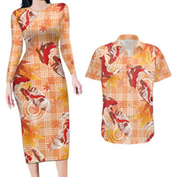 Orange Palaka Hawaii Aloha Couples Matching Long Sleeve Bodycon Dress and Hawaiian Shirt Koi Pond Mix Japanese Maple LT7 Orange - Polynesian Pride