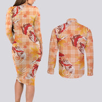 Orange Palaka Hawaii Aloha Couples Matching Long Sleeve Bodycon Dress and Long Sleeve Button Shirt Koi Pond Mix Japanese Maple LT7 - Polynesian Pride