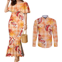 Orange Palaka Hawaii Aloha Couples Matching Mermaid Dress and Long Sleeve Button Shirt Koi Pond Mix Japanese Maple LT7 Orange - Polynesian Pride