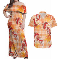 Orange Palaka Hawaii Aloha Couples Matching Off Shoulder Maxi Dress and Hawaiian Shirt Koi Pond Mix Japanese Maple LT7 Orange - Polynesian Pride