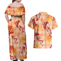 Orange Palaka Hawaii Aloha Couples Matching Off Shoulder Maxi Dress and Hawaiian Shirt Koi Pond Mix Japanese Maple LT7 - Polynesian Pride
