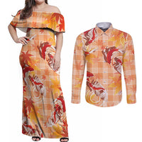 Orange Palaka Hawaii Aloha Couples Matching Off Shoulder Maxi Dress and Long Sleeve Button Shirt Koi Pond Mix Japanese Maple LT7 Orange - Polynesian Pride