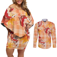 Orange Palaka Hawaii Aloha Couples Matching Off Shoulder Short Dress and Long Sleeve Button Shirt Koi Pond Mix Japanese Maple LT7 Orange - Polynesian Pride