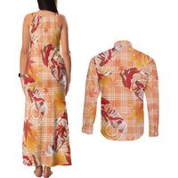 Orange Palaka Hawaii Aloha Couples Matching Tank Maxi Dress and Long Sleeve Button Shirt Koi Pond Mix Japanese Maple LT7 - Polynesian Pride
