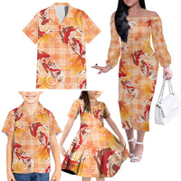 Orange Palaka Hawaii Aloha Family Matching Off The Shoulder Long Sleeve Dress and Hawaiian Shirt Koi Pond Mix Japanese Maple LT7 - Polynesian Pride