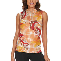 Orange Palaka Hawaii Aloha Women Sleeveless Polo Shirt Koi Pond Mix Japanese Maple LT7 - Polynesian Pride