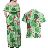 Lime Palaka Hawaii Aloha Couples Matching Off Shoulder Maxi Dress and Hawaiian Shirt Koi Pond Mix Monstera LT7 - Polynesian Pride
