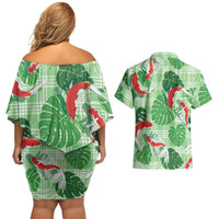 Lime Palaka Hawaii Aloha Couples Matching Off Shoulder Short Dress and Hawaiian Shirt Koi Pond Mix Monstera LT7 - Polynesian Pride